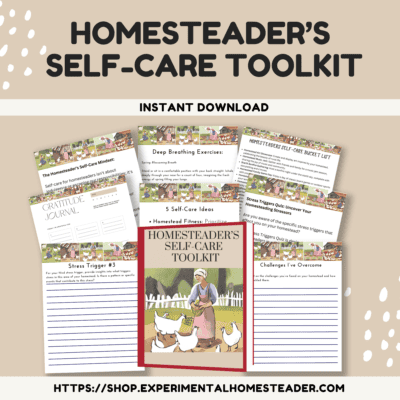 A farm-themed self-care toolkit with illustrations of a woman and ducks in a rustic setting.