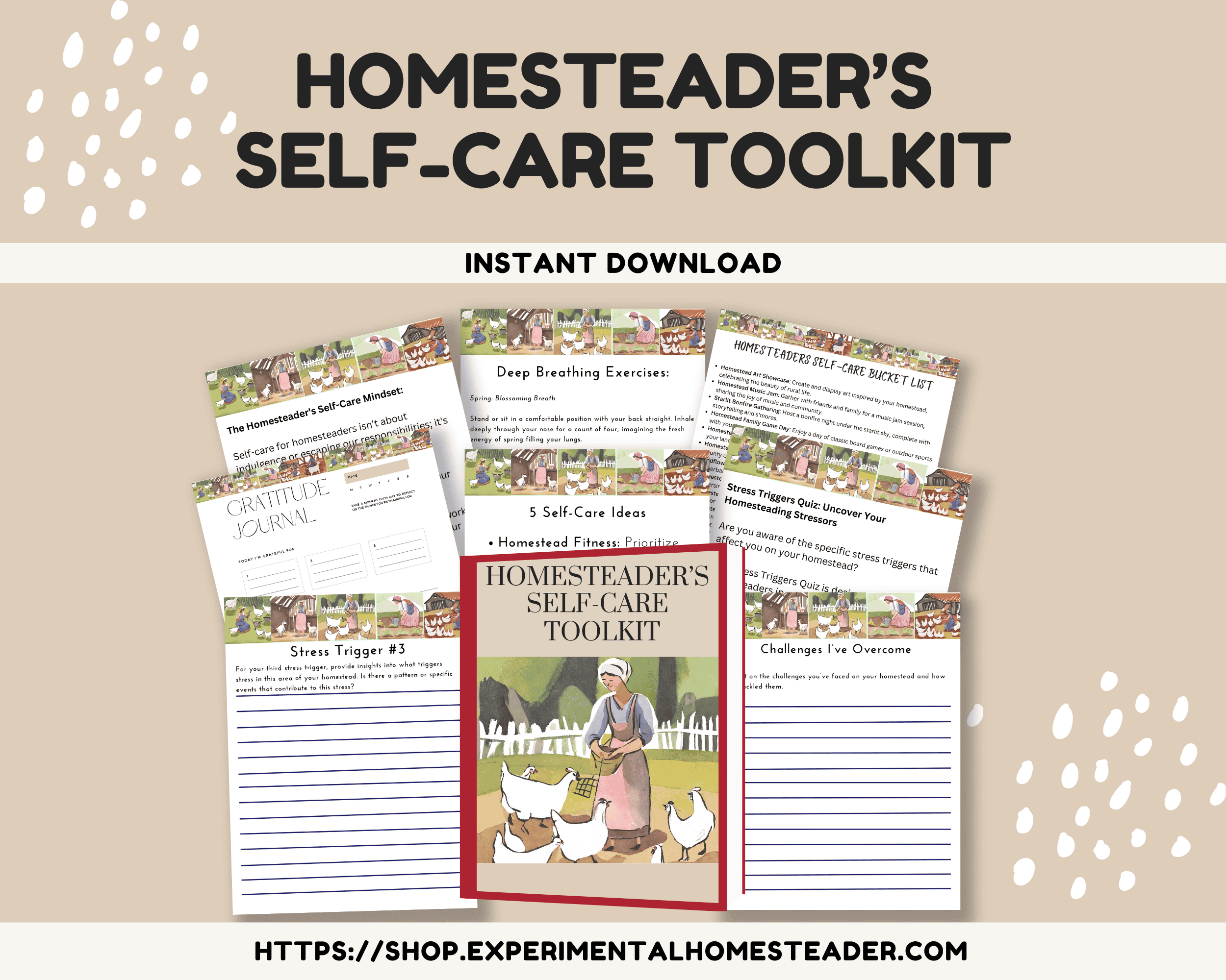 A farm-themed self-care toolkit with illustrations of a woman and ducks in a rustic setting.