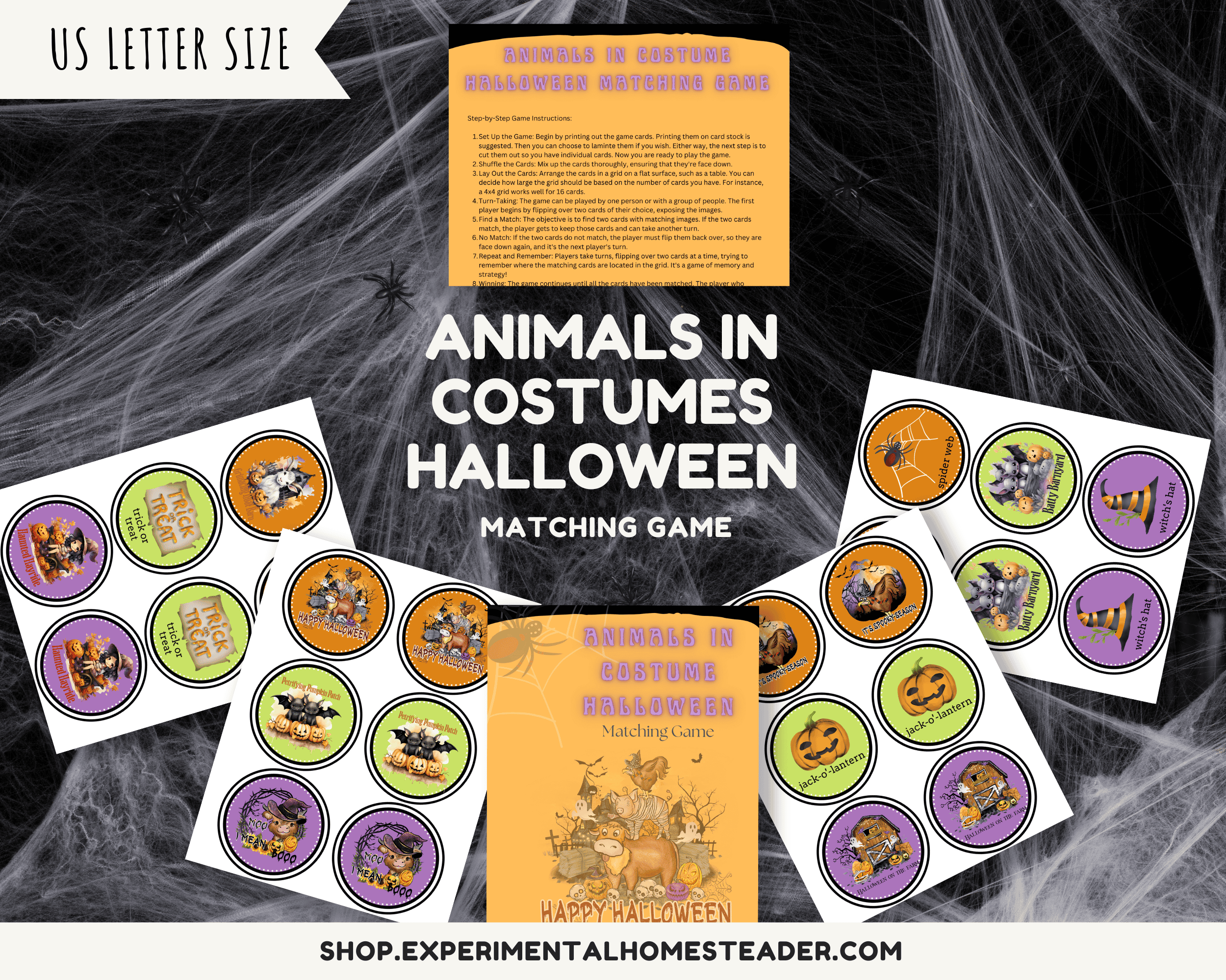 Matching game with Halloween animals in costumes, featuring colorful circular cards on a spooky web background.