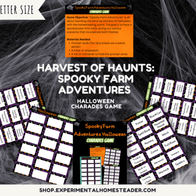 Spooky Farm Adventures Halloween charades game with spooky-themed cards for fun activities.