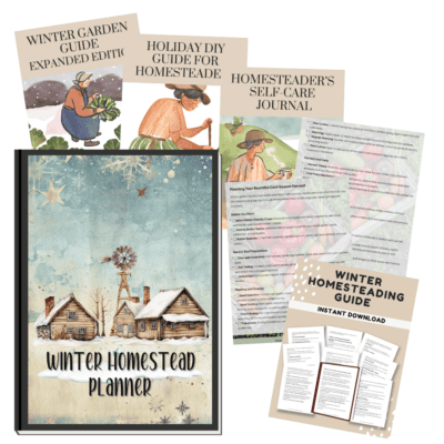 Winter homestead planner with winter scene illustration for sustainable homesteading planning.