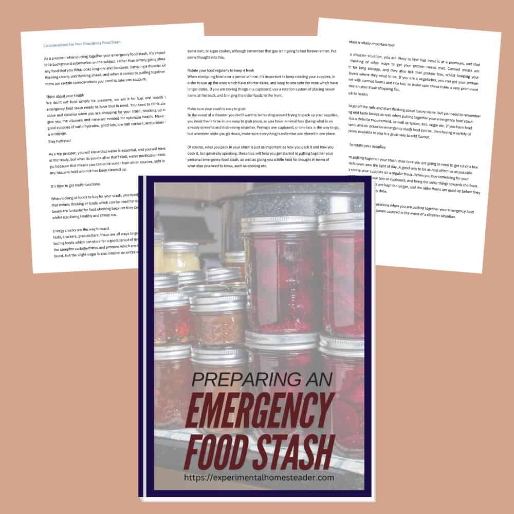 Emergency food stash preparation guide, jars of preserved food, survival prep, emergency preparedness, stockpiling food for emergencies.