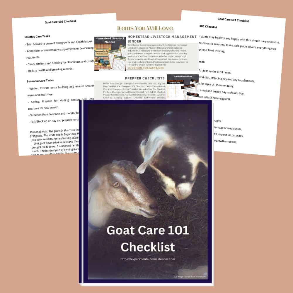 Goat Care 101 Checklist with goats' faces on cover, includes tips for health, nutrition, and management. A handy guide for goat owners.