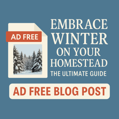 Digital graphic showing a snow-covered homestead and document icon labeled Ad-Free Blog Post – Embrace Winter on Your Homestead.