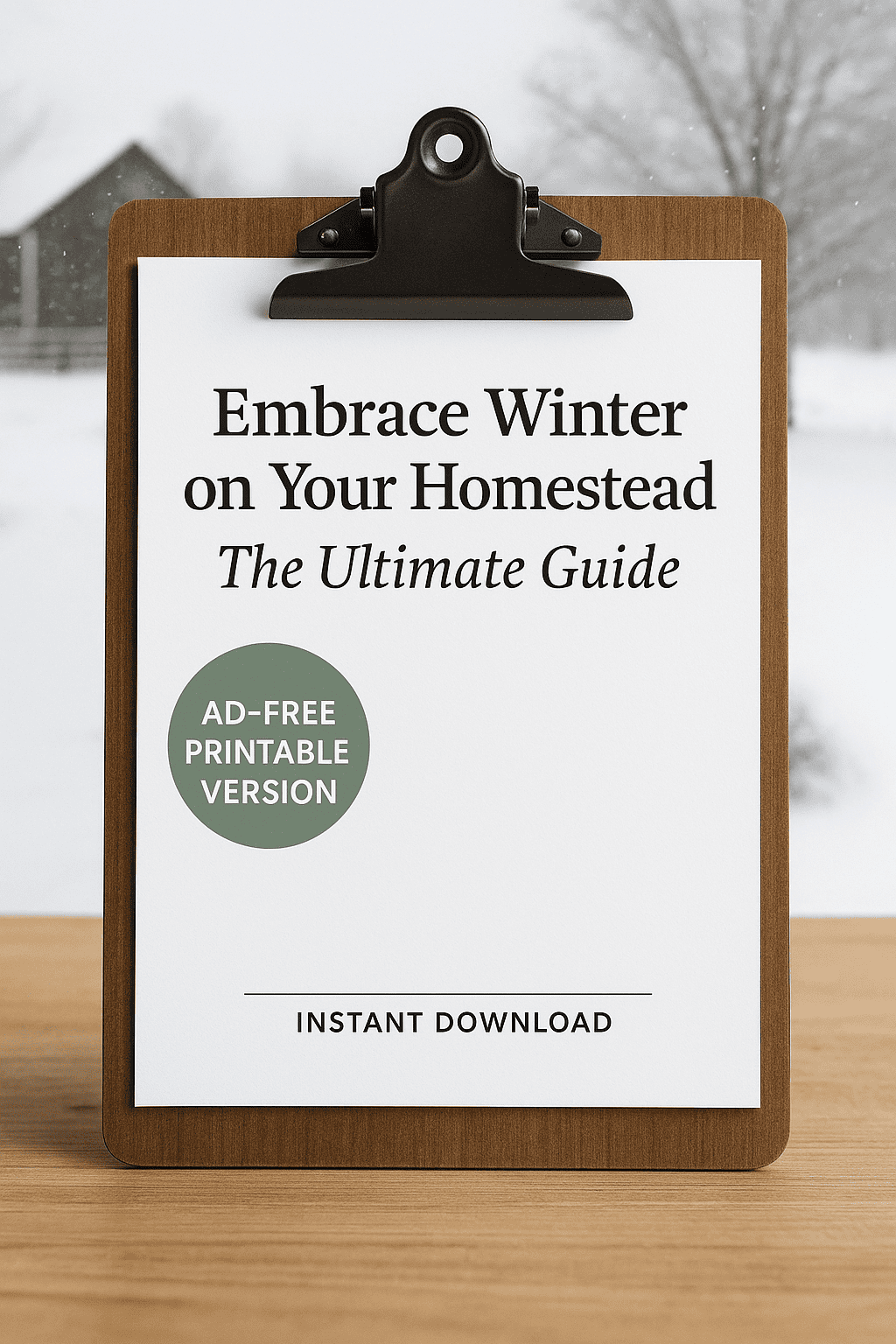 Clipboard with printable guide titled Embrace Winter on Your Homestead: The Ultimate Guide set against a snowy homestead backdrop.