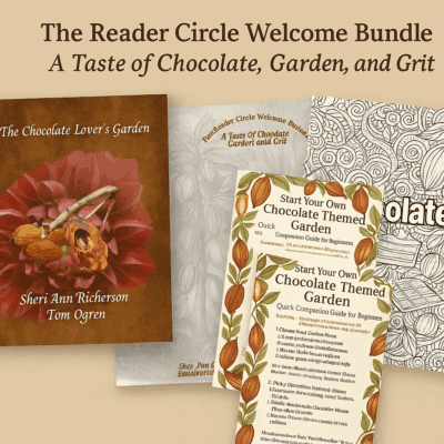 Mockup image of “The Reader Circle Welcome Bundle: A Taste of Chocolate, Garden, and Grit” featuring a styled flat lay of printable pages including chocolate-themed coloring sheets, a sneak peek chapter cover, and a chocolate garden companion guide.