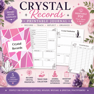 Crystal Records Printable Journal digital download featuring printable pages for documenting crystal properties, meditation experiences, and crystal inventory.