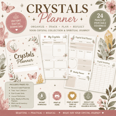 Printable Crystals Planner featuring crystal collection logs, crystal directory pages, crystal grid planners, daily and weekly planners, monthly calendars, and botanical watercolor artwork displayed in a WooCommerce product mockup.