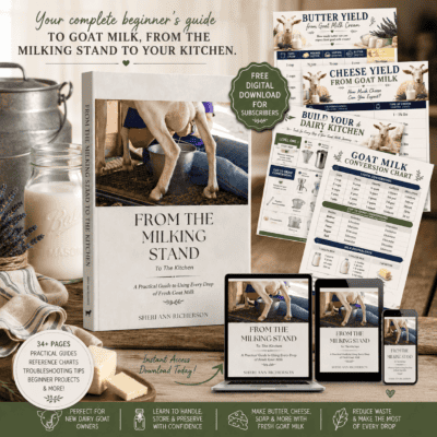 Product mockup of the "From the Milking Stand to the Kitchen" beginner dairy goat eBook by Sheri Ann Richerson, featuring the guide cover, reference charts, and digital device displays.
