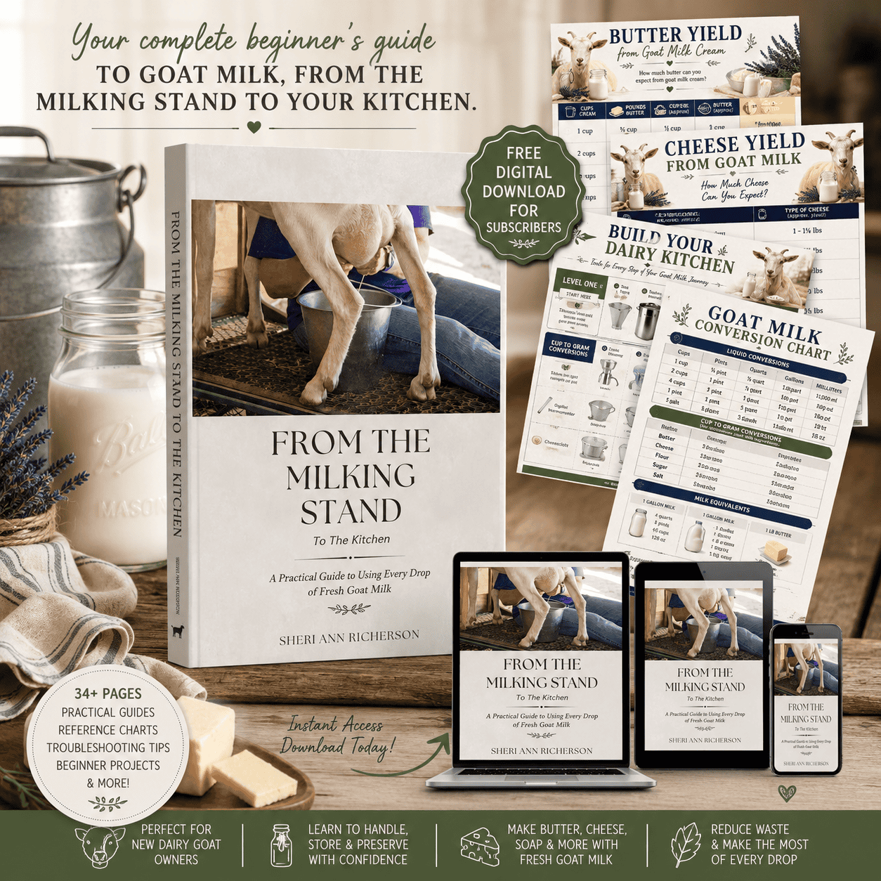 Product mockup of the "From the Milking Stand to the Kitchen" beginner dairy goat eBook by Sheri Ann Richerson, featuring the guide cover, reference charts, and digital device displays.