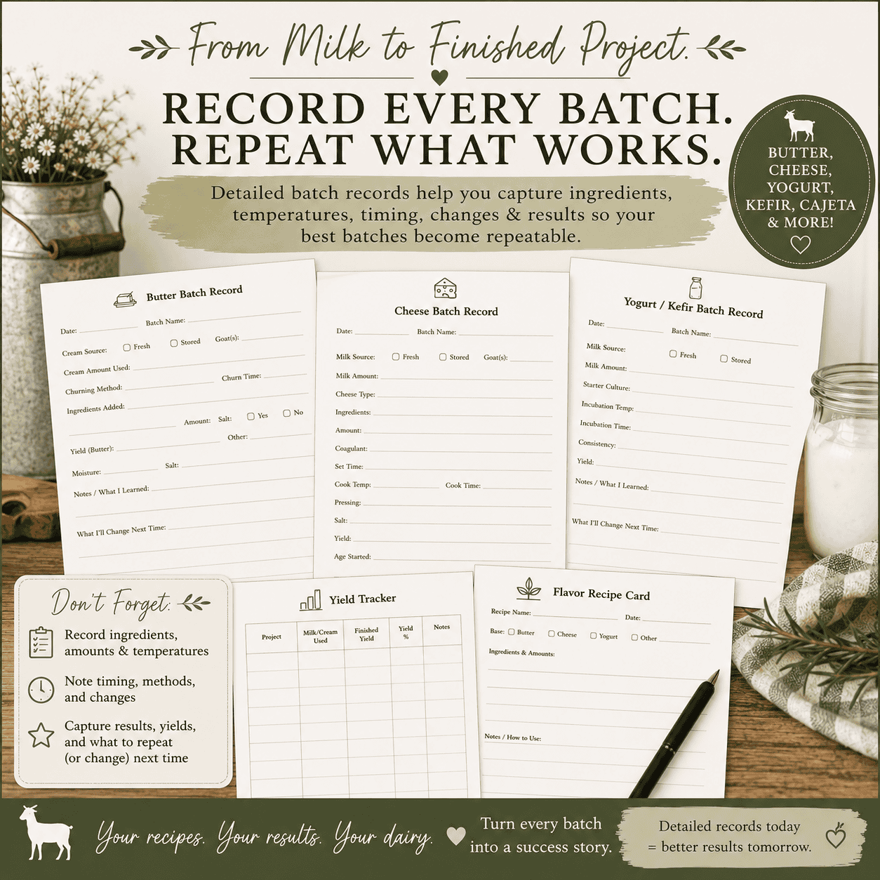 Printable butter, cheese, yogurt and kefir batch records for documenting homemade goat milk dairy projects and results.