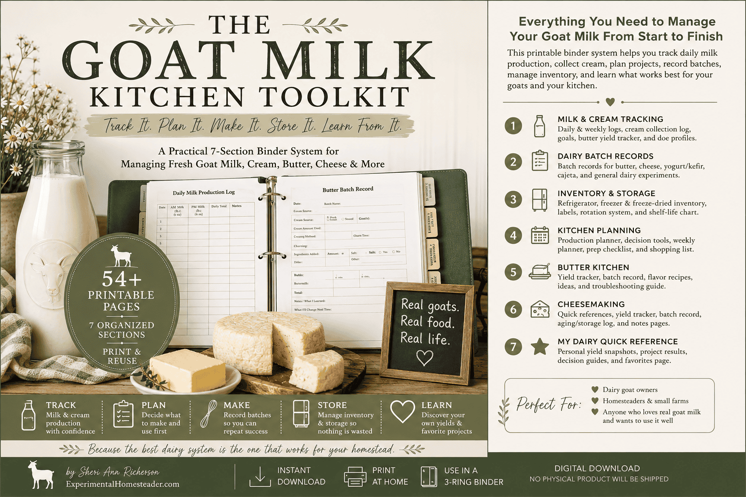 Goat Milk Kitchen Toolkit printable dairy binder system for tracking milk, cream, butter, cheese and dairy inventory