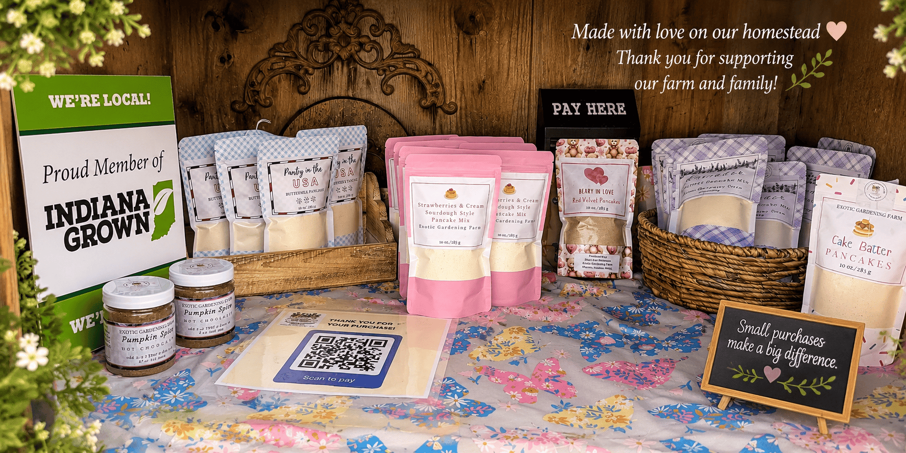 Pancake mixes displayed at the Exotic Gardening Farm local farmstand