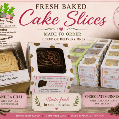 Fresh baked Vanilla Chai and Chocolate Guinness cake slices from Exotic Gardening Farm Home Bakery