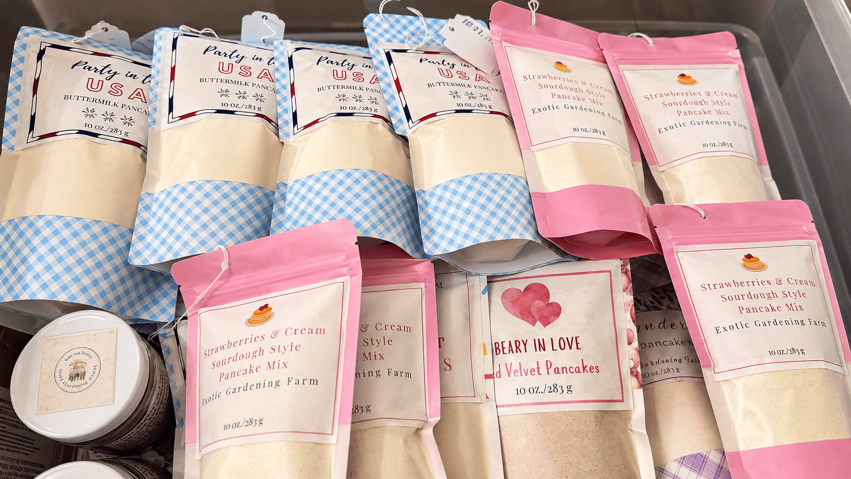 Assorted 10 oz pancake mixes from Exotic Gardening Farm Home Bakery