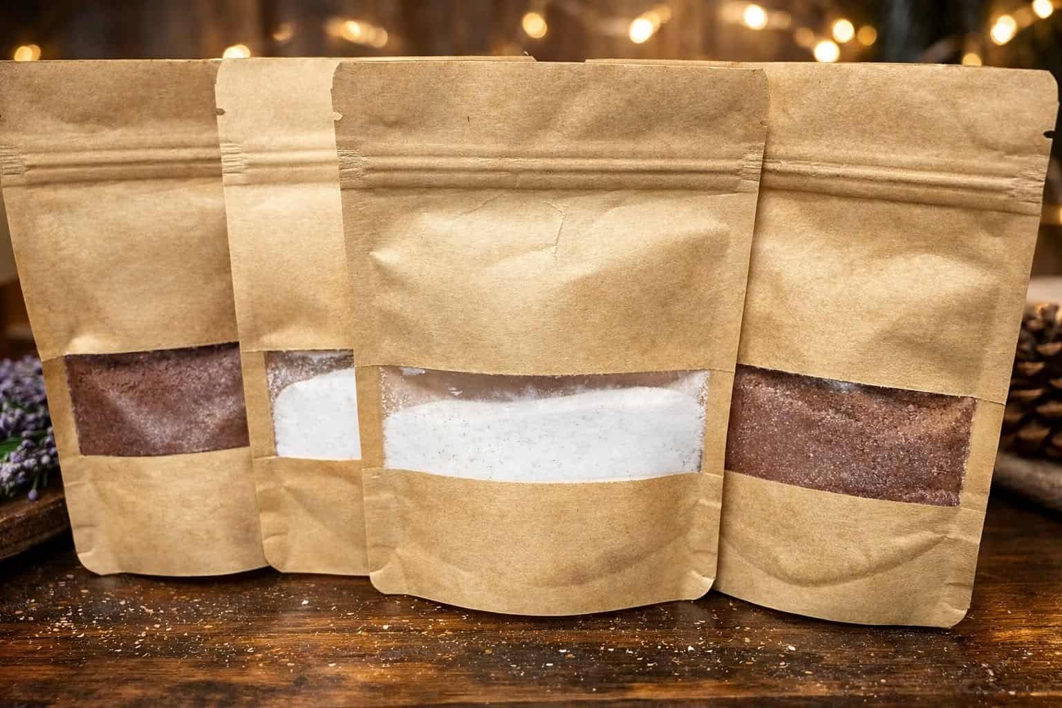Three kraft paper gourmet hot cocoa single-serving pouches photographed together on a wooden table