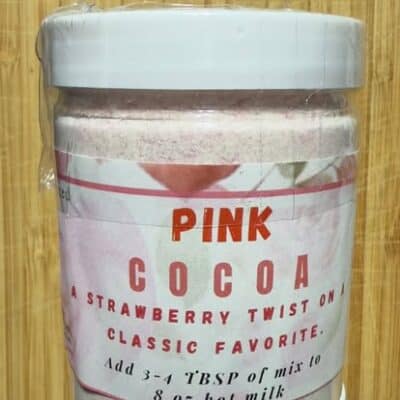 Exotic Gardening Farm Pink Cocoa strawberry hot chocolate mix in a 6-ounce jar with pink label